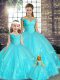 Aqua Blue Ball Gowns Beading and Appliques Quince Ball Gowns Lace Up Tulle Sleeveless Floor Length