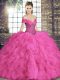 Sweet Floor Length Hot Pink Quinceanera Dress Tulle Sleeveless Beading and Ruffles