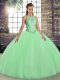 Green Ball Gowns Tulle Scoop Sleeveless Embroidery Floor Length Lace Up Vestidos de Quinceanera