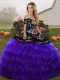 Flirting Organza Off The Shoulder Sleeveless Lace Up Embroidery and Ruffled Layers Sweet 16 Quinceanera Dress in Black And Purple