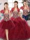 Burgundy Sleeveless Beading and Ruffles Floor Length 15th Birthday Dress
