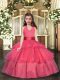 Cheap Coral Red Halter Top Neckline Ruffled Layers Little Girls Pageant Dress Wholesale Sleeveless Lace Up