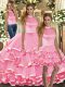 Attractive Pink Backless Halter Top Beading and Ruffled Layers Ball Gown Prom Dress Organza Sleeveless