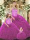Halter Top Sleeveless Quinceanera Gown Floor Length Beading and Ruffles Fuchsia Organza