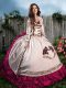 Customized Satin Sweetheart Sleeveless Lace Up Embroidery and Ruffles Quinceanera Gown in Hot Pink
