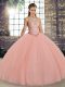 Peach Tulle Lace Up Quinceanera Gowns Sleeveless Floor Length Embroidery
