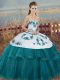 Eye-catching Embroidery and Bowknot 15 Quinceanera Dress Teal Lace Up Sleeveless Floor Length
