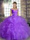 High End Sleeveless Floor Length Beading and Ruffles Lace Up 15th Birthday Dress with Lavender