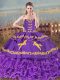 Sweetheart Sleeveless Quince Ball Gowns Embroidery and Ruffled Layers Purple Organza