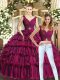 Burgundy Ball Gowns V-neck Sleeveless Organza Floor Length Backless Beading and Ruffled Layers Vestidos de Quinceanera