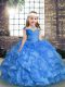 Blue Lace Up Straps Beading and Ruffles and Ruching Little Girl Pageant Dress Organza Sleeveless