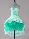 Sumptuous Sleeveless Satin and Organza High Low Lace Up Homecoming Party Dress in Turquoise with Embroidery and Ruffles