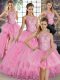 Captivating Sleeveless Floor Length Lace and Embroidery and Ruffles Lace Up Vestidos de Quinceanera with Rose Pink