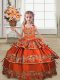 High End Rust Red Lace Up Pageant Gowns For Girls Embroidery and Ruffled Layers Sleeveless Floor Length