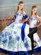 Elegant Blue And White Two Pieces Embroidery Quinceanera Gowns Lace Up Satin Sleeveless Floor Length