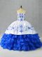 Floor Length Lace Up Quinceanera Dress Blue And White for Sweet 16 and Quinceanera with Embroidery and Ruffled Layers