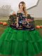 Luxurious Green Tulle Lace Up 15 Quinceanera Dress Sleeveless Brush Train Embroidery and Ruffled Layers