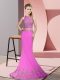 Affordable Sweep Train Mermaid Evening Dress Lilac High-neck Satin Sleeveless Zipper