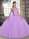 Scoop Sleeveless 15th Birthday Dress Floor Length Embroidery Lavender Tulle