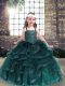 Glorious Sleeveless Floor Length Beading and Ruffles Lace Up Kids Pageant Dress with Peacock Green
