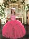 Hot Pink Tulle Lace Up Pageant Gowns For Girls Sleeveless Floor Length Beading and Ruffles