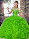 Modern Tulle Halter Top Sleeveless Lace Up Beading and Ruffles Sweet 16 Quinceanera Dress in Green