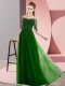 Glorious Floor Length Green Bridesmaid Gown Chiffon Half Sleeves Beading and Lace