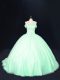 Glorious Off The Shoulder Sleeveless Court Train Lace Up Sweet 16 Dress Apple Green Tulle