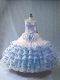 Smart Blue And White Sleeveless Floor Length Embroidery and Ruffled Layers Lace Up Quince Ball Gowns