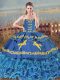 High Quality Blue Quinceanera Dress Sweet 16 with Ruffled Layers Sweetheart Sleeveless Brush Train Lace Up