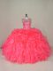 Sleeveless Organza Lace Up Quinceanera Gown in Pink with Beading and Ruffles