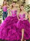 Fuchsia Organza Lace Up Sweet 16 Dresses Sleeveless Floor Length Beading and Ruffles