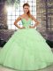 Tulle Sleeveless Vestidos de Quinceanera Brush Train and Beading and Ruffled Layers