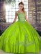 Dazzling Green Ball Gowns Tulle Off The Shoulder Sleeveless Beading and Embroidery Floor Length Lace Up Quinceanera Gowns