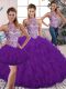 Tulle Halter Top Sleeveless Lace Up Beading and Ruffles Quince Ball Gowns in Purple