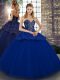Sleeveless Tulle Floor Length Lace Up Sweet 16 Dresses in Royal Blue with Beading and Appliques