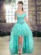 Ideal High Low Aqua Blue Pageant Dress for Womens Off The Shoulder Sleeveless Lace Up