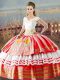 Nice White And Red Satin Lace Up V-neck Sleeveless Floor Length Ball Gown Prom Dress Embroidery and Ruffled Layers