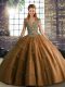 Deluxe Straps Sleeveless Sweet 16 Dress Floor Length Beading and Appliques Brown Tulle
