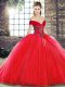Beauteous Off The Shoulder Sleeveless Sweet 16 Dress Brush Train Beading Red Organza
