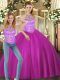 Fuchsia Lace Up Halter Top Beading 15th Birthday Dress Tulle Sleeveless