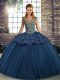 Delicate Navy Blue Lace Up Straps Beading and Appliques 15th Birthday Dress Tulle Sleeveless