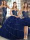 Delicate Tulle Sweetheart Sleeveless Brush Train Lace Up Beading and Ruffled Layers Sweet 16 Dress in Navy Blue