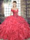Luxurious Coral Red 15th Birthday Dress Military Ball and Sweet 16 and Quinceanera with Beading and Ruffles Off The Shoulder Sleeveless Lace Up