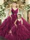 Romantic Burgundy Tulle Backless V-neck Sleeveless Floor Length Quince Ball Gowns Beading and Ruffles