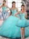Vintage Aqua Blue Tulle Lace Up Quinceanera Dresses Sleeveless Beading and Ruffles