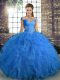 Nice Blue Tulle Lace Up Off The Shoulder Sleeveless Floor Length Quinceanera Dress Beading and Ruffles