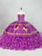 Customized Satin and Organza Sweetheart Sleeveless Brush Train Lace Up Embroidery and Ruffles Ball Gown Prom Dress in Purple