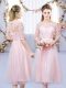 Lace and Belt Wedding Guest Dresses Baby Pink Lace Up Half Sleeves Tea Length