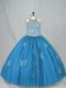 Custom Designed Sleeveless Tulle Floor Length Lace Up Quince Ball Gowns in Blue with Beading and Appliques